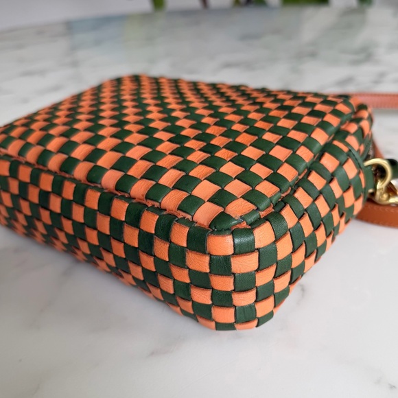 Clare V Midi Sac Safari Green & Coral Orange Woven Leather Checker Crossbody Bag - Picture 10 of 16